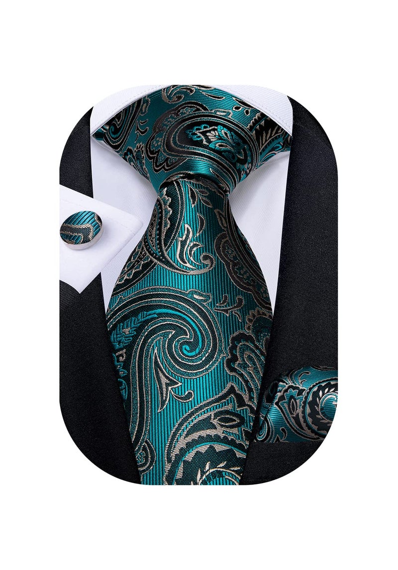 DiBanGu Mens Tie Set Silk Solid Paisley Necktie and Pocket Square Cufflinks Classic Formal Ties for Men Wedding Party, Turquoise - Image 1