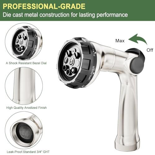 FANHAO Professional Heavy Duty Garden Hose Nozzle, 100% Metal Thumb Control Water Hose Sprayer with 8 Spray Patterns, High Pressure Water Nozzle for Lawn & Plant Watering, Car & Pet Washing - Image 3