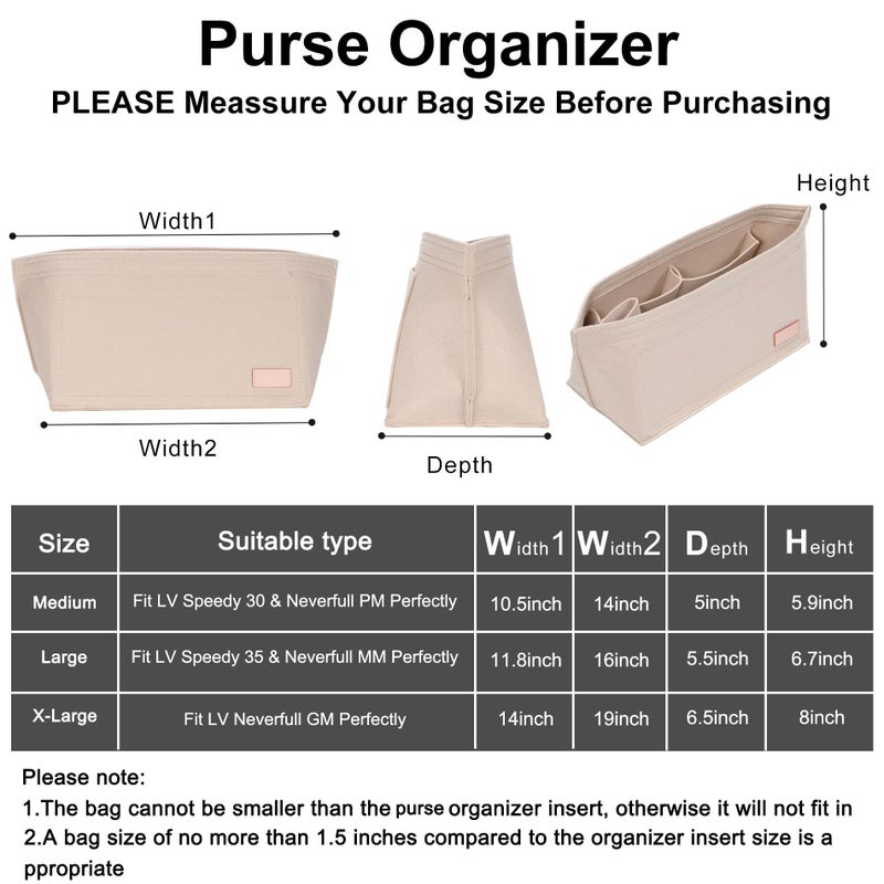Doxo Purse Organizer Insert, Felt Bag Tote Fit L Speedy 30 Neverfull PM & Base Shaper 2pc Set (Medium-Beige-Combination) - Image 5