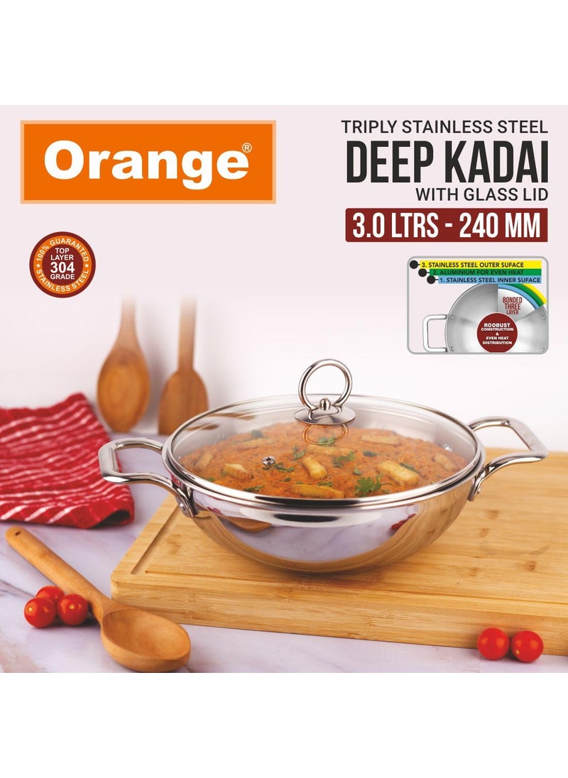 Orange Orange Triply Stainless Steel Cookware 4 Pc Combo Set | 1Pc Deep Kadai(24cm/3Ltr), 1Pc Fry Pan(22cm/1.5Ltr), 1Pc Sauce Pan((14cm/1.8ltr) with 1Pc Sturdy Glass Lid | Induction Friendly | Silver  - Image 4