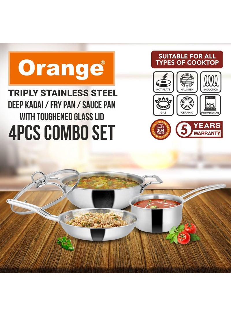 Orange Orange Triply Stainless Steel Cookware 4 Pc Combo Set | 1Pc Deep Kadai(24cm/3Ltr), 1Pc Fry Pan(22cm/1.5Ltr), 1Pc Sauce Pan((14cm/1.8ltr) with 1Pc Sturdy Glass Lid | Induction Friendly | Silver  - Image 2