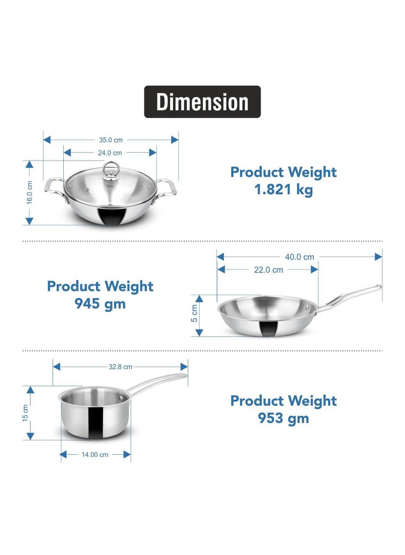 Orange Orange Triply Stainless Steel Cookware 4 Pc Combo Set | 1Pc Deep Kadai(24cm/3Ltr), 1Pc Fry Pan(22cm/1.5Ltr), 1Pc Sauce Pan((14cm/1.8ltr) with 1Pc Sturdy Glass Lid | Induction Friendly | Silver  - Image 3