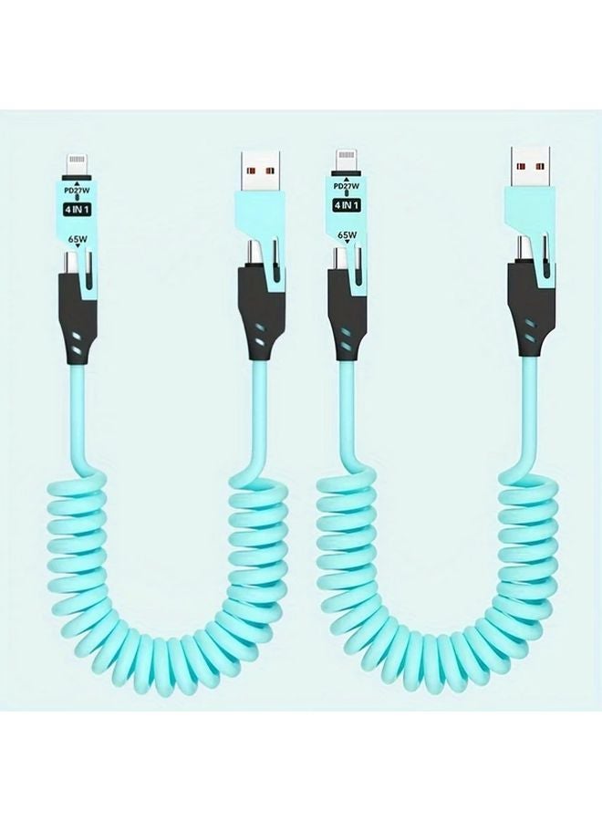 قطعتان 4 في 1 كابل شحن سريع أزرق قابلسحب USB C بقوة 50-80 واط لأجهزة آيفون وهواوي وسامسونج - Image 1