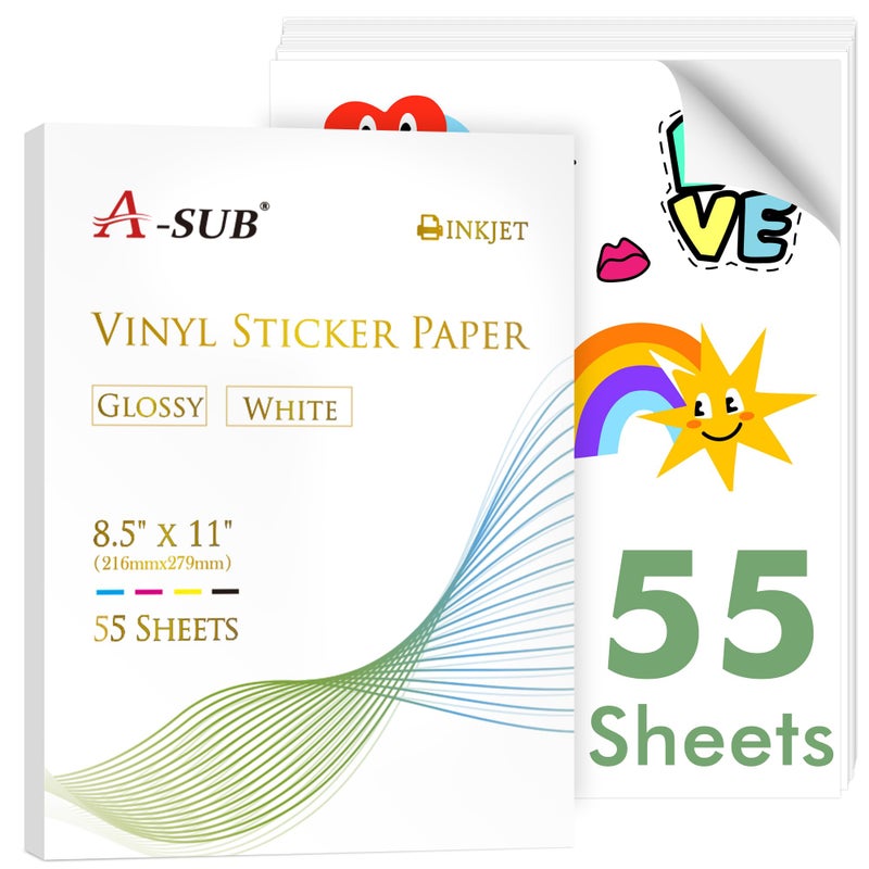A-SUB 55 Sheets Vinyl Sticker Paper for Inkjet Printer - Glossy Printable Vinyl 8.5x11 Inch Waterproof Sticker Paper for DIY Any Decal You Like - Image 1