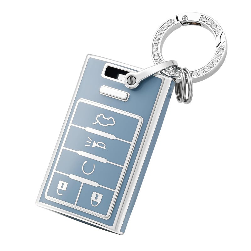 OFFCURVE Key Fob Cover with Keychain for Cadillac TPU Car Key Case Protector for Cadillac SRX ATS ELR XTS 2010 2011 2012 2013 2014 2015 Keyless Entry Remote Control Start Car Key Accessories Blue