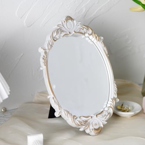 Tstarer Vintage Vanity Makeup Mirror,Decorative Baroque Table Standing Mirror (White) - Image 3