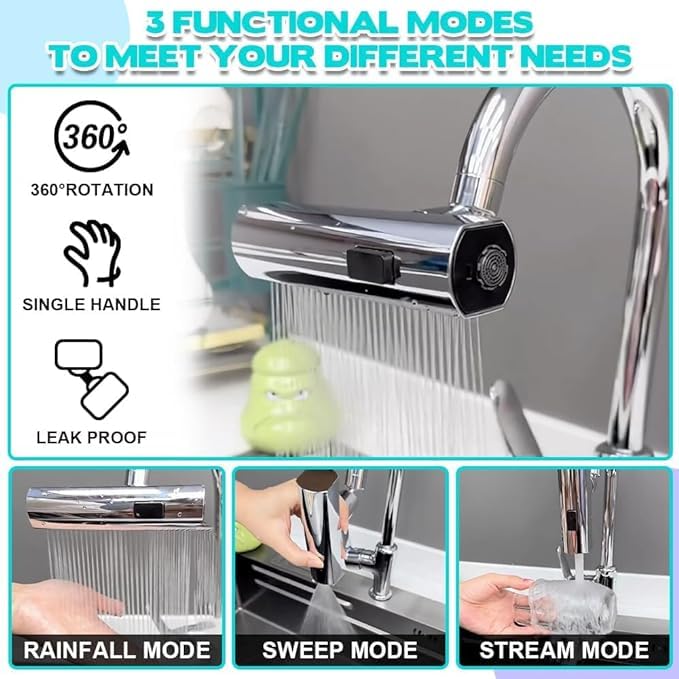 Calyrex Waterfall Kitchen Faucet Multifunctional 360 Rotatable Faucet Sprayer with Three Modes Kitchen Tap Spray Head Washbasin Faucet Waterfall - Image 2