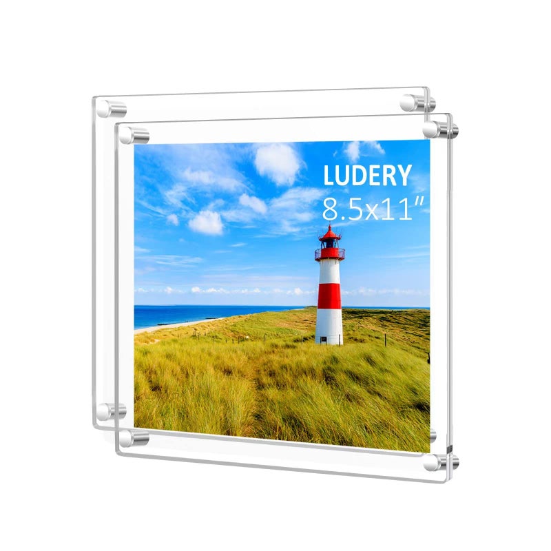 Ludery 8.5x11 Clear Wall Wall Mount عائم إطار صورة بدون إطار لجدار صورة إطار صورة للحصول على شهادة فنية - Image 1