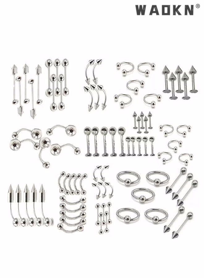 WAOKN Body Piercing Kit,85pcs Body Jewelry Piercing Lot Stainless Steel Nose Horseshoe Lip Tongue Eyebrow Tragus Body Piercing Navel Belly Ring Barbells - Image 1
