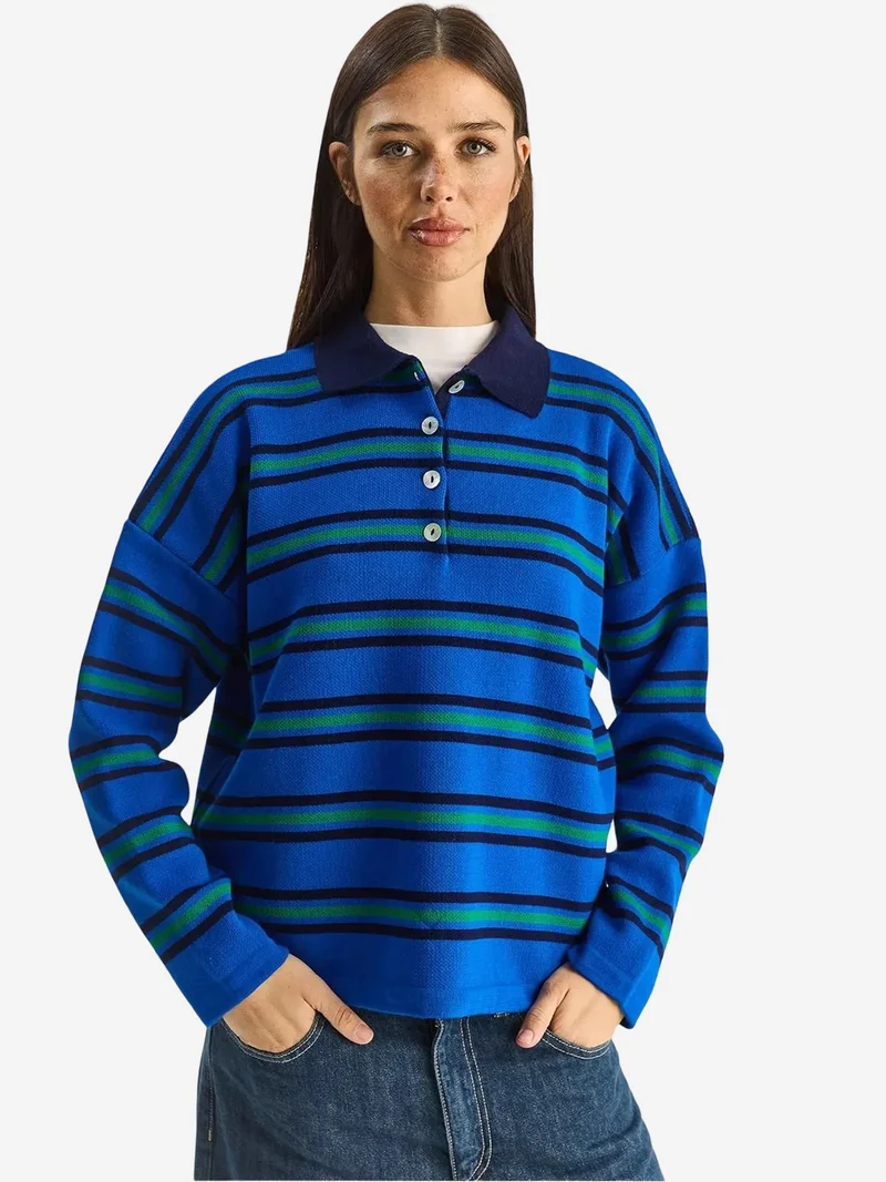 LUCCI Striped Polo Collar Button Sweater