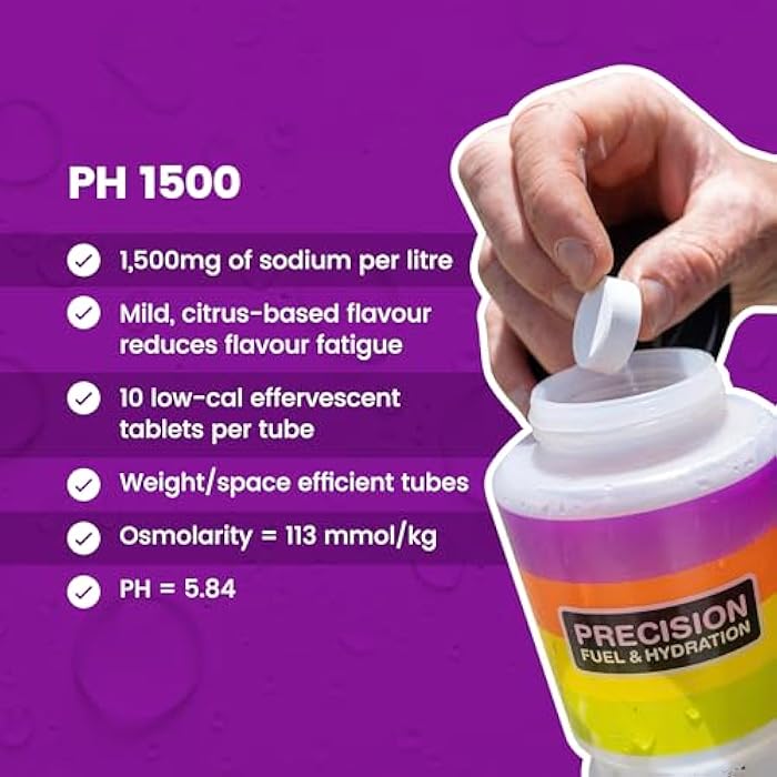 Precision Hydration Lite Electrolyte Drink - Multi Strength Effervescent Hydration Tablets - Combats Cramp - Low Calorie, Gluten Free, Vegan/Vegetarian Friendly, NSF (1 Tube, 1500mg/L - Purple Tube) - Image 3