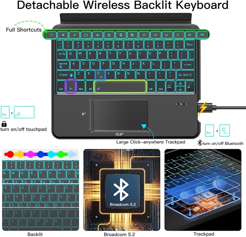 RTSY Kickstand Combo Keyboard case for Samsung S10+/S9+/S9 FE Plus (12.4 Inch) with 7-Colors Backlit, Multi-Touch Trackpad, Dual Orientation, Magnetic Detachable Bluetooth Keyboard Cover, Pen Holder - Image 3