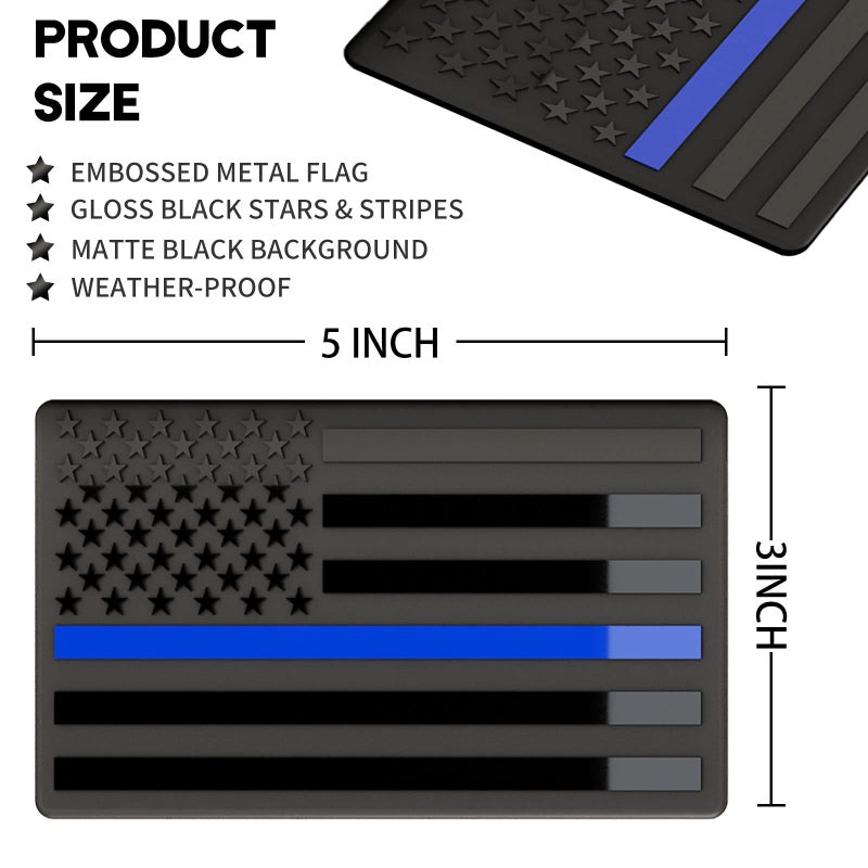 sticro Embossed 3D Metal Thin Blue Line All Black American Flag Emblem Decal Stickers (1 Pair), Matte Black 5" x 3" Patriotic USA US Flag Decals for Car, Truck, Motorcycle Honoring Police Law Enforcement - Image 2