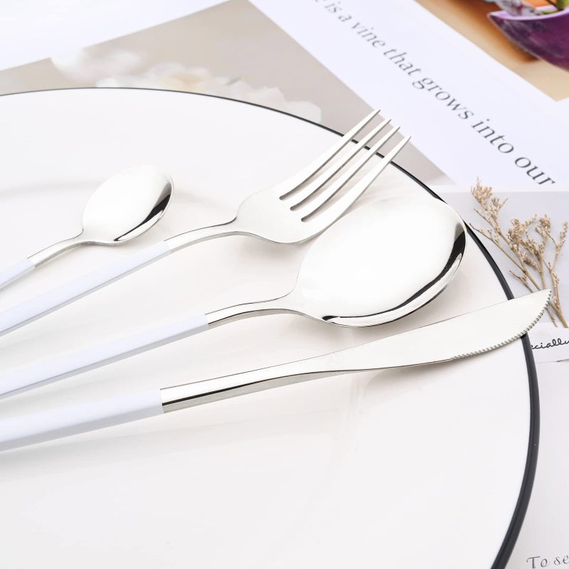 Snplowum Mirror Cutlery Serving Set, 24-piece 18/0 Stainless Steel Silverware With White Handle Simple & Modern Tableware For Home Party Restaurant Christmas Dinner, Service For 6 (White Silver) - Image 4