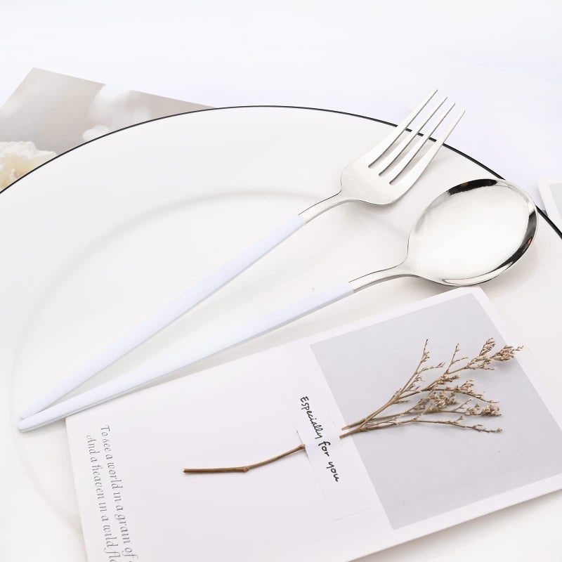 Snplowum Mirror Cutlery Serving Set, 24-piece 18/0 Stainless Steel Silverware With White Handle Simple & Modern Tableware For Home Party Restaurant Christmas Dinner, Service For 6 (White Silver) - Image 5