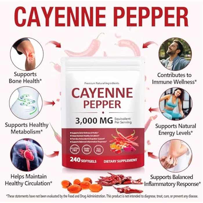 O.SECERT Cayenne Pepper Softgels Supplement 3000 mg , Cayenne Pepper Capsules with Vitamin D3 K2 & E, Grape Seed Extracts, Supports Healthy Blood Circulation, Antioxidant & Digestion Support, 240 Softgels - Image 2