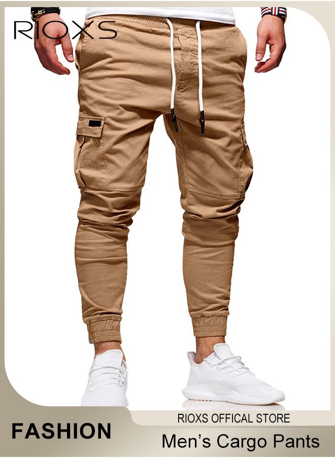 RIOXS Men's Cargo Pants, Baggy Fit Tapered Cargo Pants For Men, Casual Sports Trousers, Drawstring Athletic Pants For Running Jogging Workout, Tactical Pantalones Cargo, Mens Cargo Pants, Multi Pocket Stretch Sweatpants  - Image 1