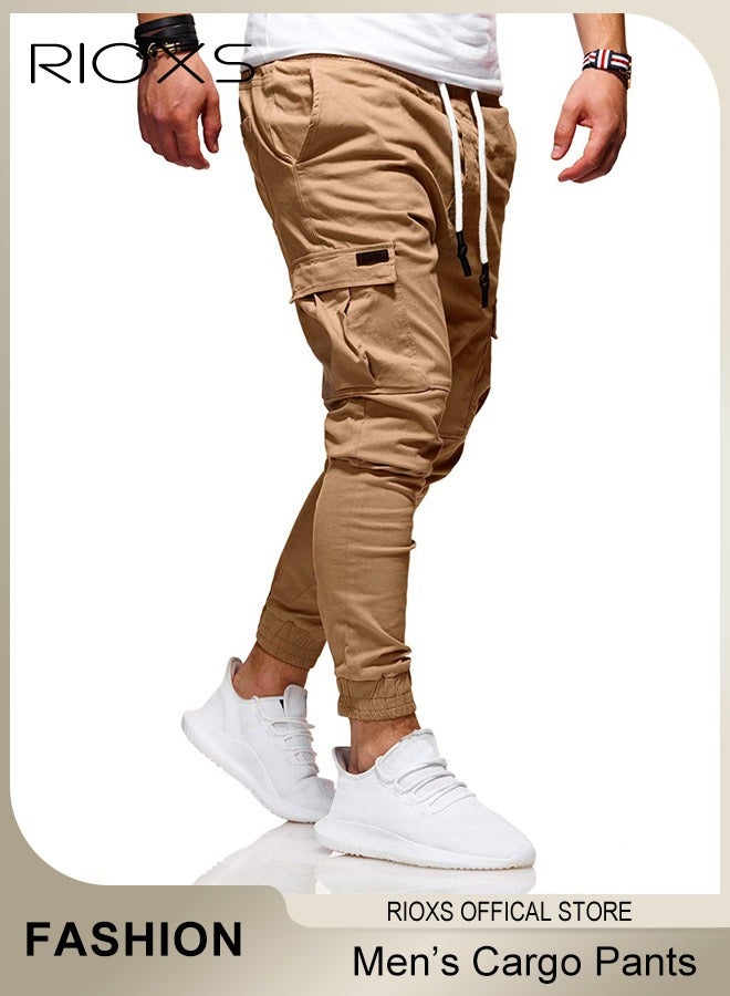 Cargo Pants for Men, Sports Casual Cargo Trousers, Baggy Fit Tapered Cargo Pants for Men, Drawstring Athletic Pants, Tactical Pantalones Cargo Sweatpants, Men's  Cargo Pants for Running Jogging Workout, Comfy Stretch Sweatpants with Multi Pocket- Khaki Sweatpants
