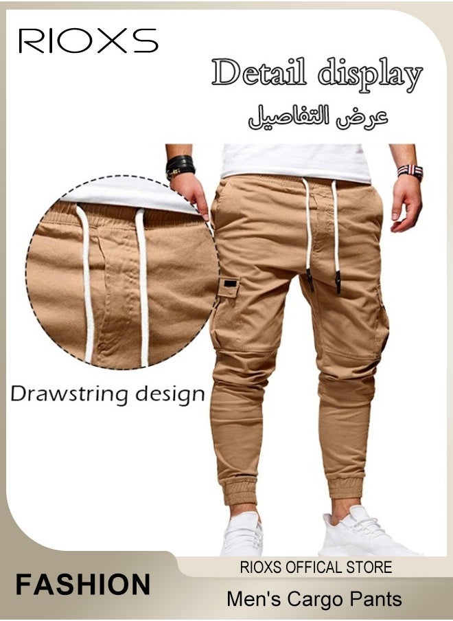 RIOXS Men's Cargo Pants, Baggy Fit Tapered Cargo Pants For Men, Casual Sports Trousers, Drawstring Athletic Pants For Running Jogging Workout, Tactical Pantalones Cargo, Mens Cargo Pants, Multi Pocket Stretch Sweatpants  - Image 2