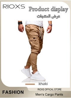 RIOXS Men's Cargo Pants, Baggy Fit Tapered Cargo Pants For Men, Casual Sports Trousers, Drawstring Athletic Pants For Running Jogging Workout, Tactical Pantalones Cargo, Mens Cargo Pants, Multi Pocket Stretch Sweatpants  - Image 3