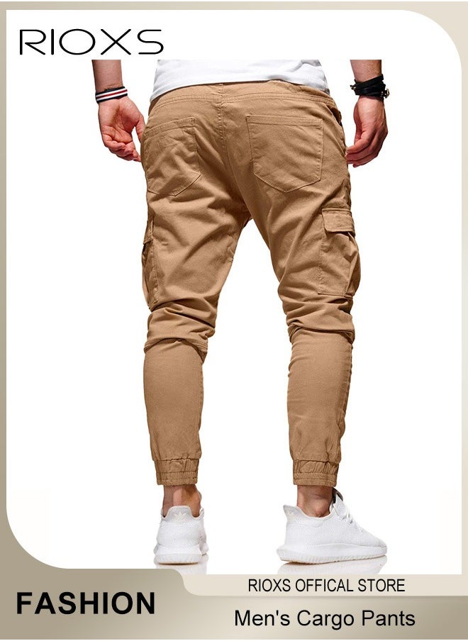 RIOXS Men's Cargo Pants, Baggy Fit Tapered Cargo Pants For Men, Casual Sports Trousers, Drawstring Athletic Pants For Running Jogging Workout, Tactical Pantalones Cargo, Mens Cargo Pants, Multi Pocket Stretch Sweatpants  - Image 4