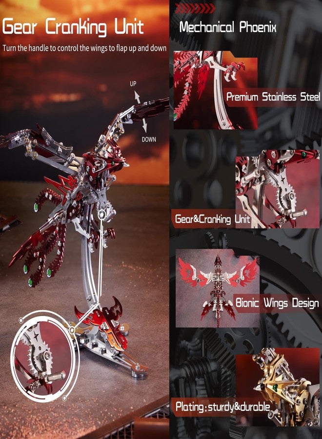 OreilleStar 3D Metal Ornithopter Puzzles for Adults Model Kits DIY Assembly Mechanical Phoenix Stainless Steel Animal Bird Toy Building Block Birthday Gifts for Men Women (Red Phoenix) - Image 4