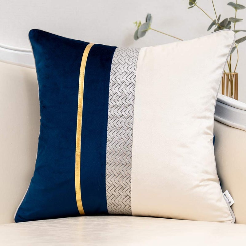 Yangest Navy Blue Patchwork Velvet Throw Pillow Cover with Gold Striped Leather Cushion Case Modern Luxury Pillowcase for Sofa Couch Bedroom Living Room Home Decor18x18