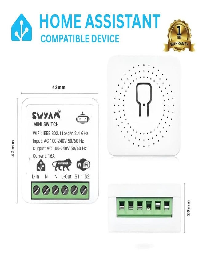 SWYAM مفتاح ذكي صغير SWYAM® بتقنية Wi-Fi متوافق مع Home Assistant بقوة 16 أمبير | صنع في الهند (ضمان لمدة عام) | ميزة الأمان الكهربائي | مفتاح ثنائي الاتجاه | تحكم محلي في التشغيل الآلي والمشاهد | لا حاجة إلى جهاز تحكم مركزي | - Image 2