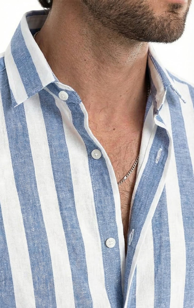 JMIERR Men's Summer Casual Stylish Short Sleeve Button-Down Shirts Cotton Linen Vertical Striped Business Dress Shirts Beach Shirt, L, Sky Blue - Image 4