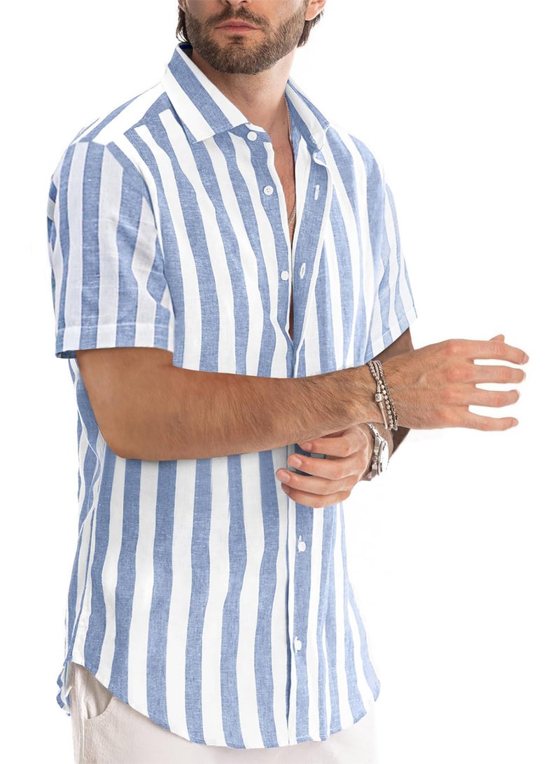 JMIERR Men's Summer Casual Stylish Short Sleeve Button-Down Shirts Cotton Linen Vertical Striped Business Dress Shirts Beach Shirt, L, Sky Blue - Image 2