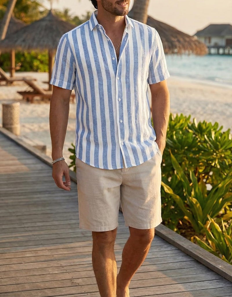 JMIERR Men's Summer Casual Stylish Short Sleeve Button-Down Shirts Cotton Linen Vertical Striped Business Dress Shirts Beach Shirt, L, Sky Blue - Image 3