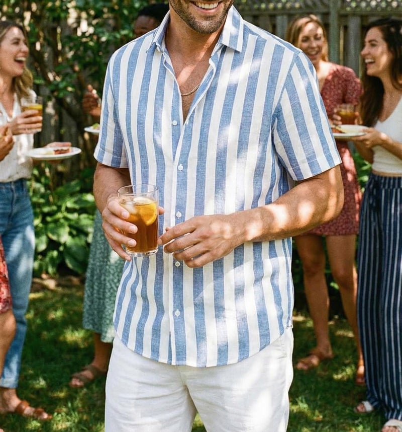 JMIERR Men's Summer Casual Stylish Short Sleeve Button-Down Shirts Cotton Linen Vertical Striped Business Dress Shirts Beach Shirt, L, Sky Blue - Image 5