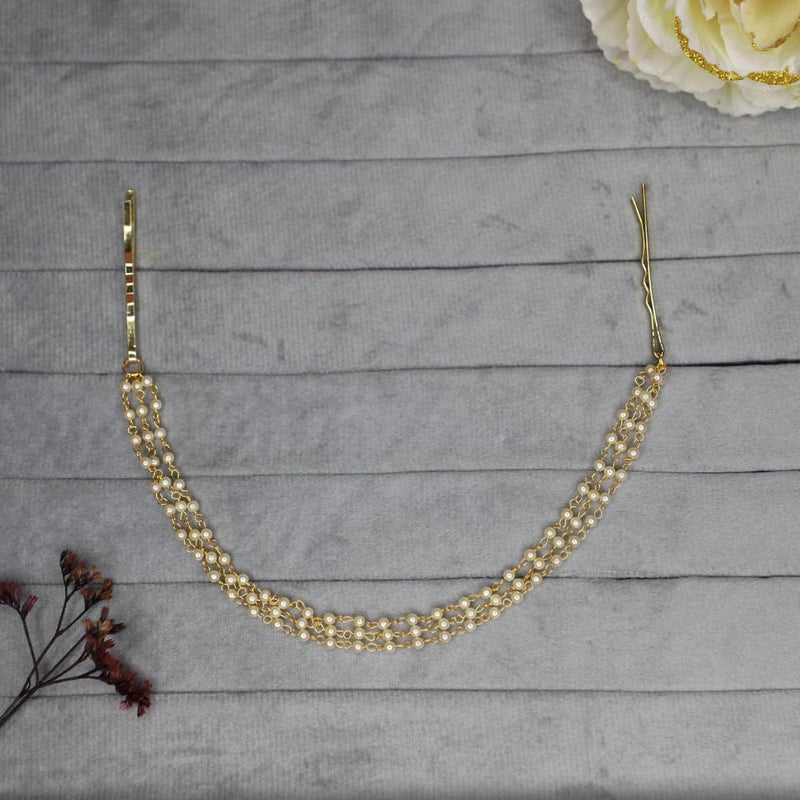 JWELLA Traditional Gold Plated Brass Hair Side Pin with Multi-Layer Pearl Chains | Elegant Ethnic Hair Accessory for Women | Bridal & Festive Hairstyle - Image 2