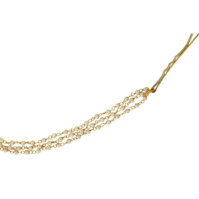 JWELLA Traditional Gold Plated Brass Hair Side Pin with Multi-Layer Pearl Chains | Elegant Ethnic Hair Accessory for Women | Bridal & Festive Hairstyle - Image 4