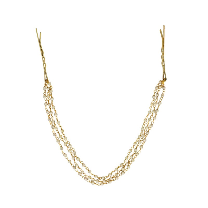 JWELLA Traditional Gold Plated Brass Hair Side Pin with Multi-Layer Pearl Chains | Elegant Ethnic Hair Accessory for Women | Bridal & Festive Hairstyle - Image 1