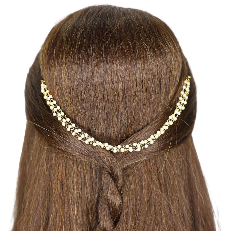 JWELLA Traditional Gold Plated Brass Hair Side Pin with Multi-Layer Pearl Chains | Elegant Ethnic Hair Accessory for Women | Bridal & Festive Hairstyle - Image 3