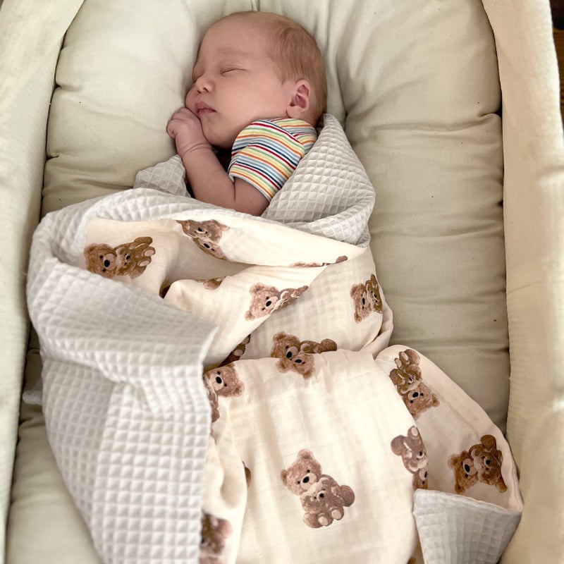 LifeTree Baby Waffle Blankets, Muslin Swaddle Blankets for Boys Girls, Double-Sided Neutral Receiving Blanket with Muslin Front and Waffle Backing Infant Newborn, Bear Pattern - Image 3
