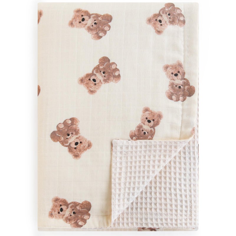 LifeTree Baby Waffle Blankets, Muslin Swaddle Blankets for Boys Girls, Double-Sided Neutral Receiving Blanket with Muslin Front and Waffle Backing Infant Newborn, Bear Pattern - Image 1