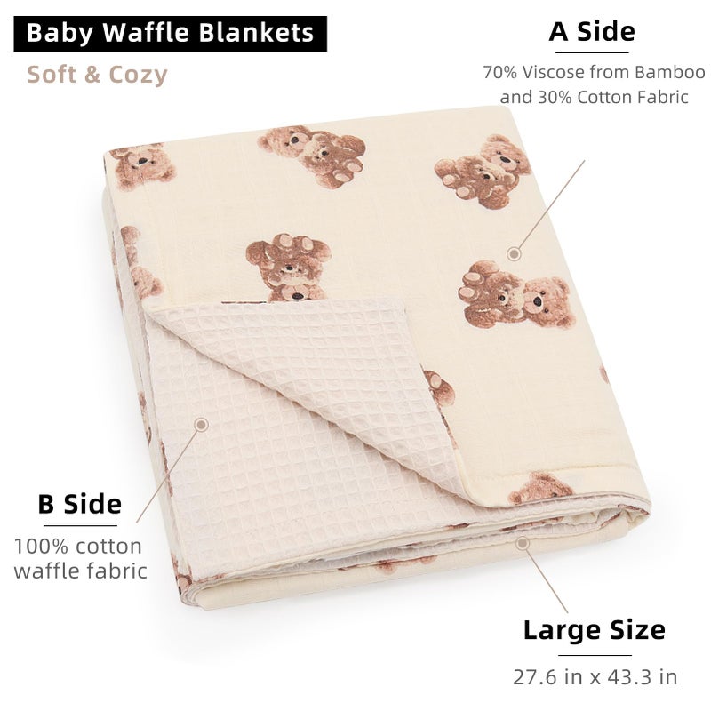 LifeTree Baby Waffle Blankets, Muslin Swaddle Blankets for Boys Girls, Double-Sided Neutral Receiving Blanket with Muslin Front and Waffle Backing Infant Newborn, Bear Pattern - Image 2