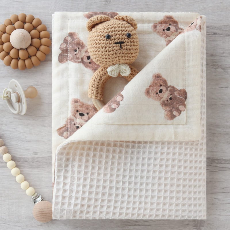 LifeTree Baby Waffle Blankets, Muslin Swaddle Blankets for Boys Girls, Double-Sided Neutral Receiving Blanket with Muslin Front and Waffle Backing Infant Newborn, Bear Pattern - Image 5