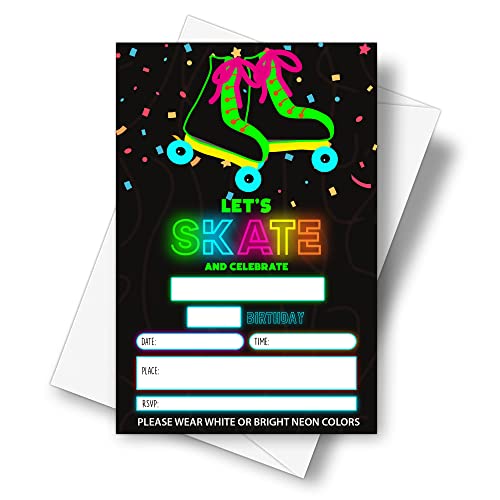 DETIHO 4" x 6" Glow Roller Skating Birthday Party Invitation Cards With Envelopes - Let's Skate and Celebrate - NEON Glow in the Dark Skate Party Invitation - 20 Sets - E13 - Image 1