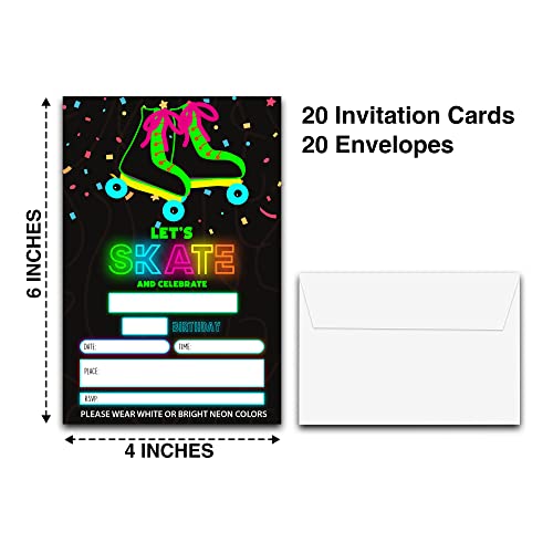 DETIHO 4" x 6" Glow Roller Skating Birthday Party Invitation Cards With Envelopes - Let's Skate and Celebrate - NEON Glow in the Dark Skate Party Invitation - 20 Sets - E13 - Image 2