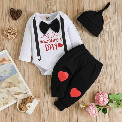 ODIMAME My 1St Valentines Baby Boy Outfits 12-18 Months Infant Romper Clothes Pants Set Cute Hat Black 100cm - Image 2