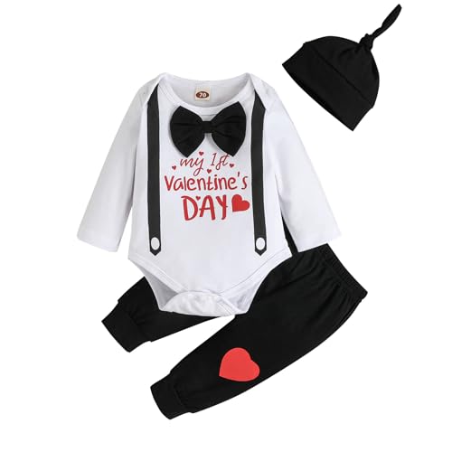 ODIMAME My 1St Valentines Baby Boy Outfits 12-18 Months Infant Romper Clothes Pants Set Cute Hat Black 100cm - Image 1