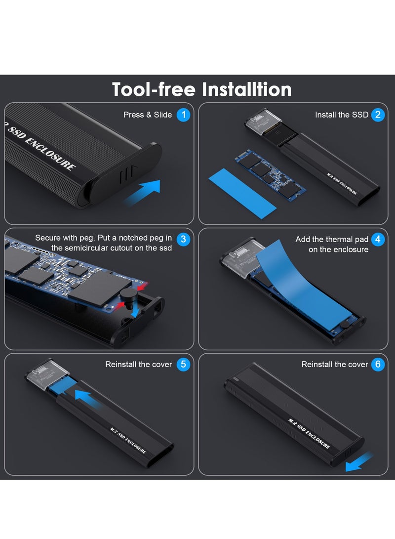 Joyelink M.2 NVME SATA SSD Enclosure Adapter, 10Gbps Aluminum USB 3.1 Gen 2 Type C External Enclosure for M.2 NVMe PCIE & SATA M-Key / B+M Connectors SSDs of Sizes 2230 2242 2260 2280, Tool Free  - Image 4