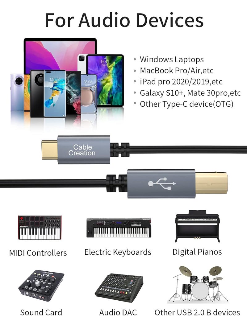 كايبل كرييشن USB B إلى USB C كابل طابعة 3.3 قدم، كابل طابعة لماك بوك برو، إير، كابل MIDI لبيانو ياماها وكاسيو الرقمي وحدة تحكم MIDI وDJ، 1 متر رمادي فاتح - Image 4