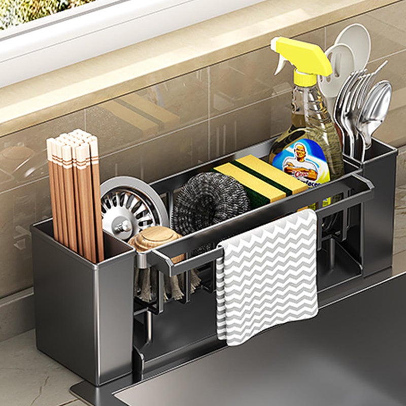 RAKSONIC Utensil Holder, 3 Compartments Utensil Drying Rack, Dish Drainer for Kitchen Counter,Kitchen Utensils Holder with Towel Bar,Self-Draining Tray Design(Gray) - Image 1