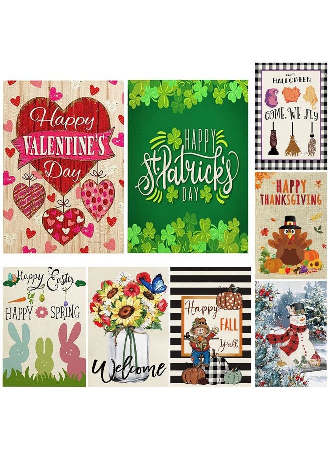 JQAQJU Seasonal Garden Flags Set of 8 Double Sided Burlap 12x18 Inch Welcome Easter Spring Holidays Garden Flag, Small Yard Flag for Outdoor Decorations - Image 1