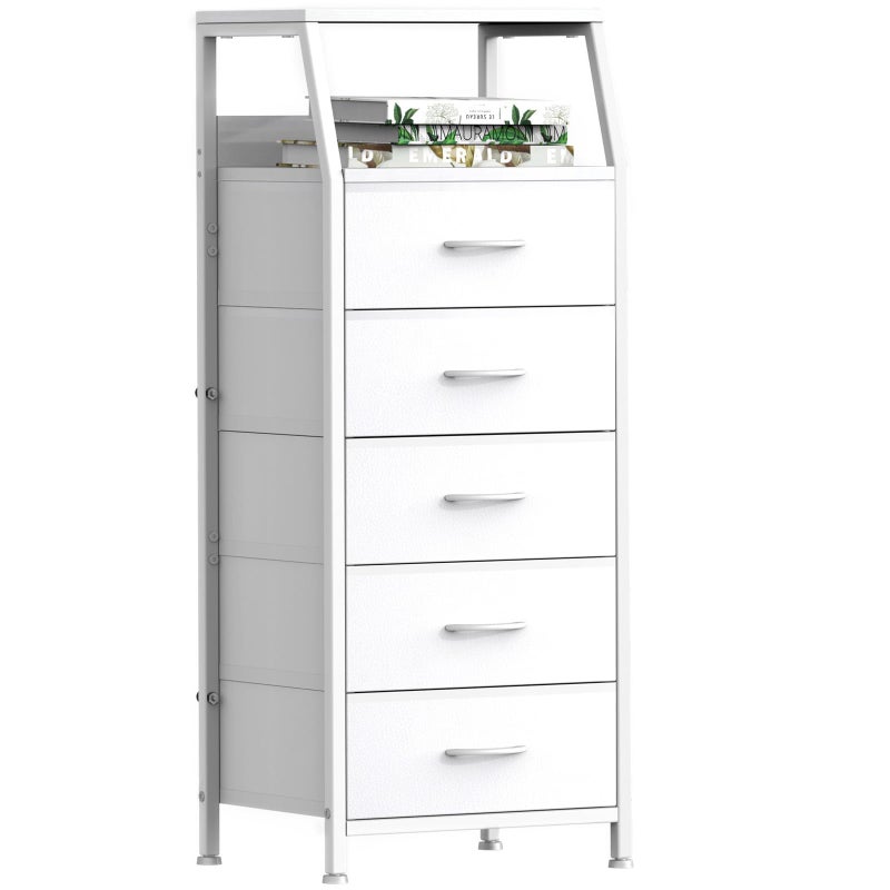 Ollieroo خزانة بيضاء لتنظيم تخزين غرفة النوم مع 5 أدراج برج تخزين عمودي من القماش وحدات خزانة ملابس لغرفة الأطفال مدخل طاولة جانبية سرير إطار فولاذي متين مع سطح خشبي