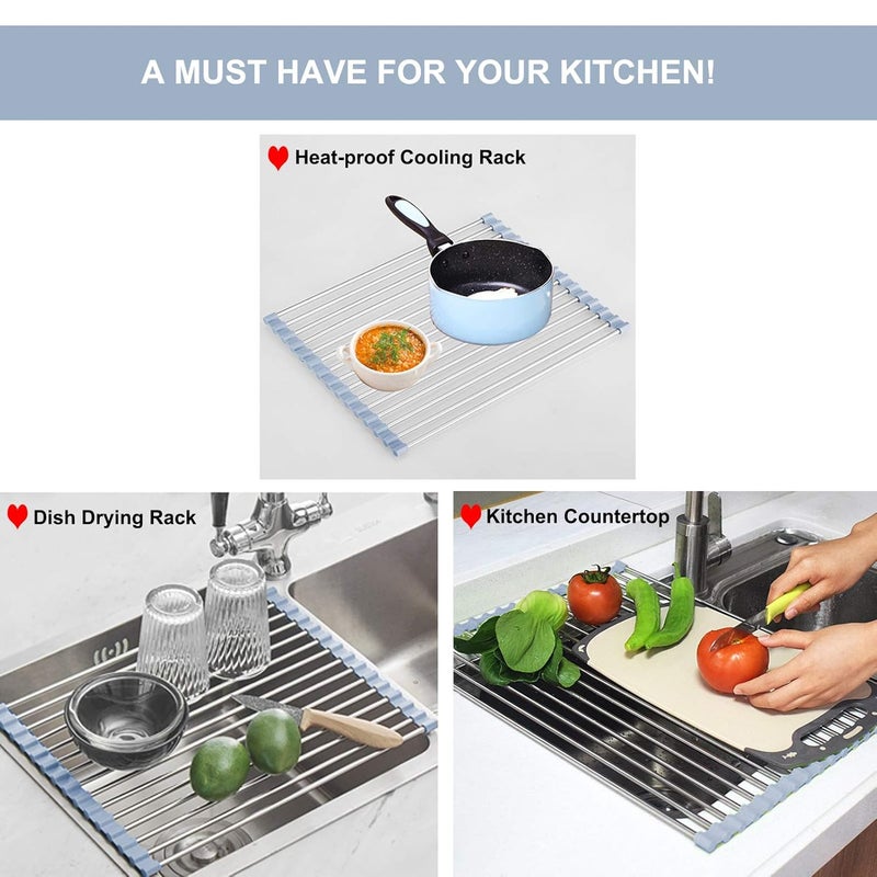 MECHEER Over The Sink Dish Drying Rack Roll Up Dish Drying Rack Kitchen Dish Rack Stainless Steel Sink Drying Rack Foldable Dish Drainer Gray 178x118 - Image 4